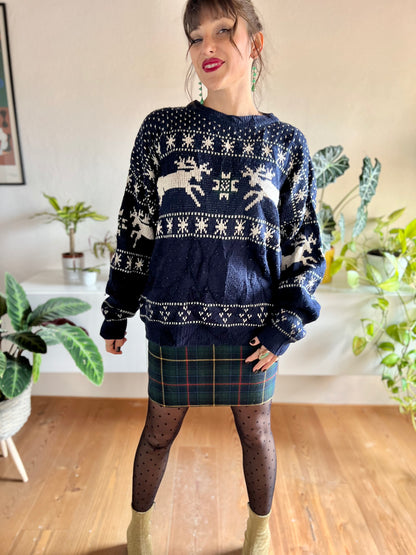 1990's vintage unisex navy and cream reindeer knit wool pullover