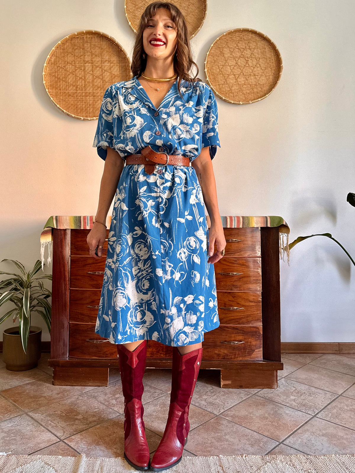 1960's vintage blue and cream floral silk midi dress