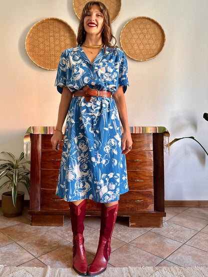 1960's vintage blue and cream floral silk midi dress
