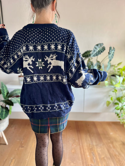 1990's vintage unisex navy and cream reindeer knit wool pullover