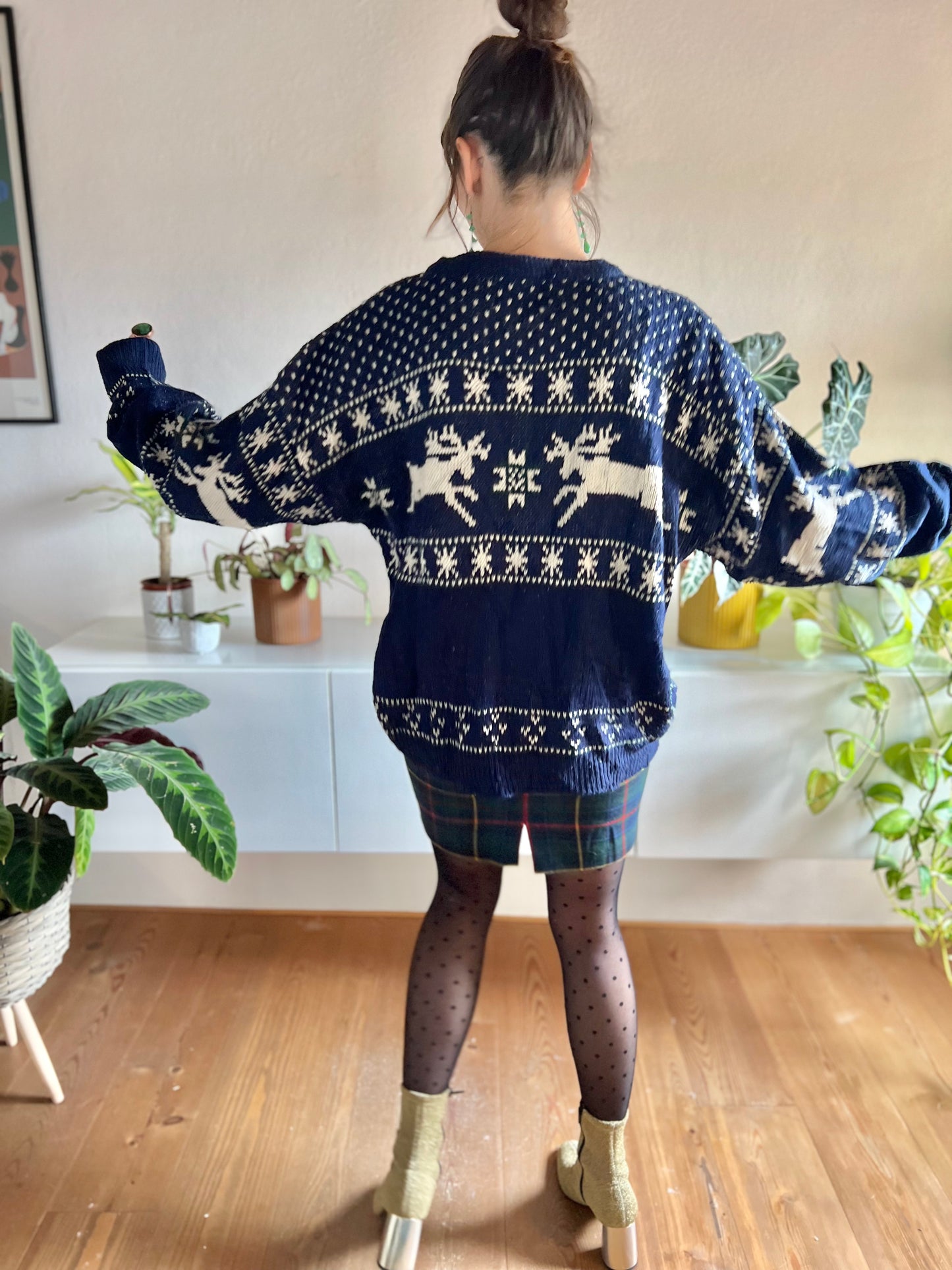 1990's vintage unisex navy and cream reindeer knit wool pullover