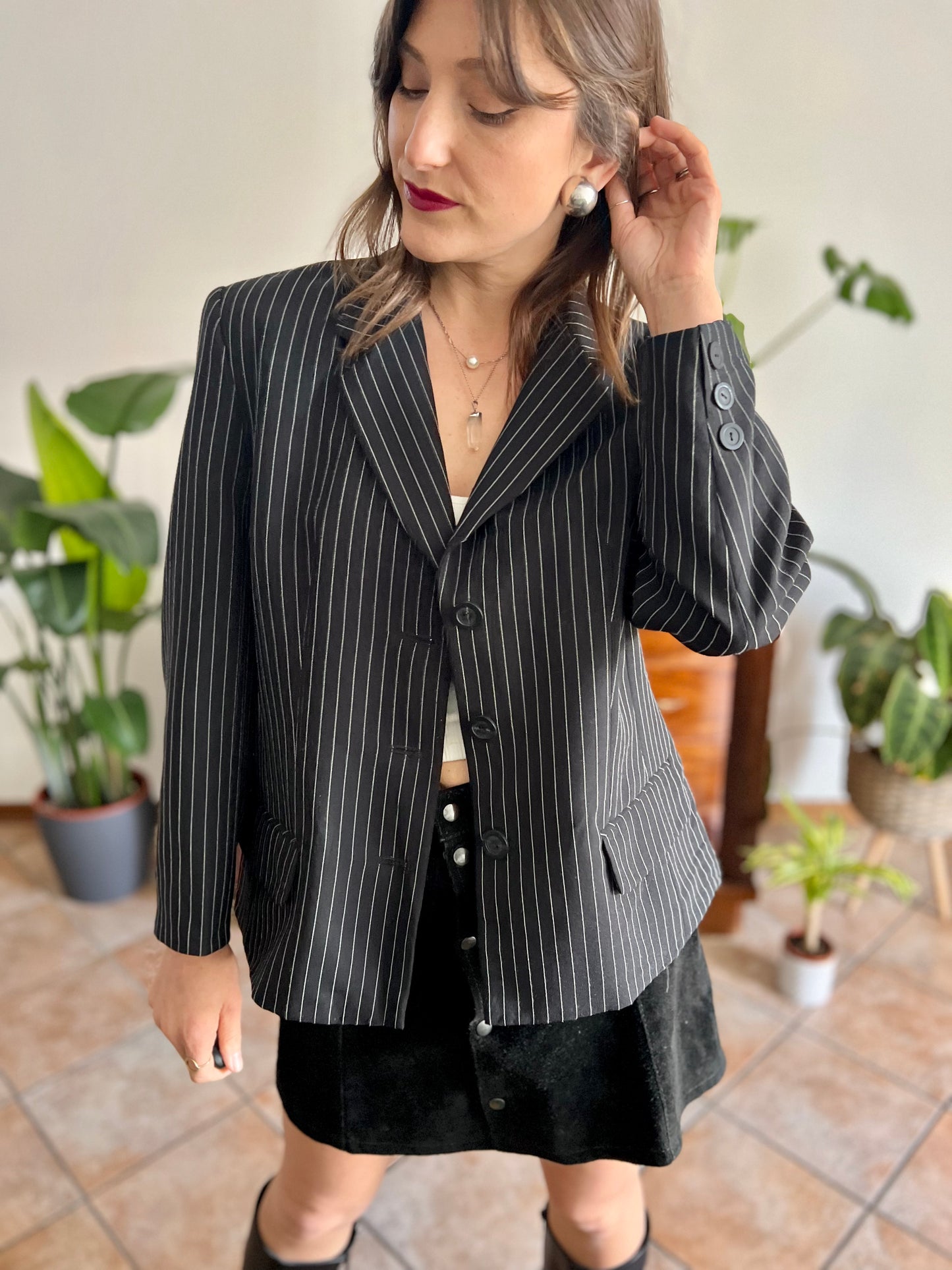 1990's vintage oversize black blazer with white pinstriping