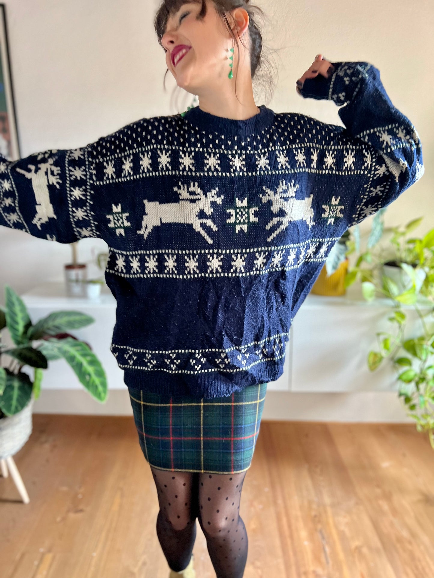 1990's vintage unisex navy and cream reindeer knit wool pullover