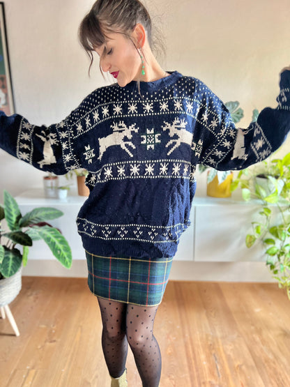 1990's vintage unisex navy and cream reindeer knit wool pullover