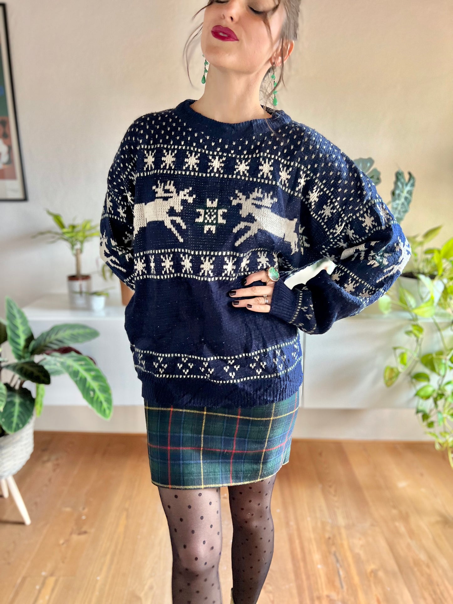 1990's vintage unisex navy and cream reindeer knit wool pullover