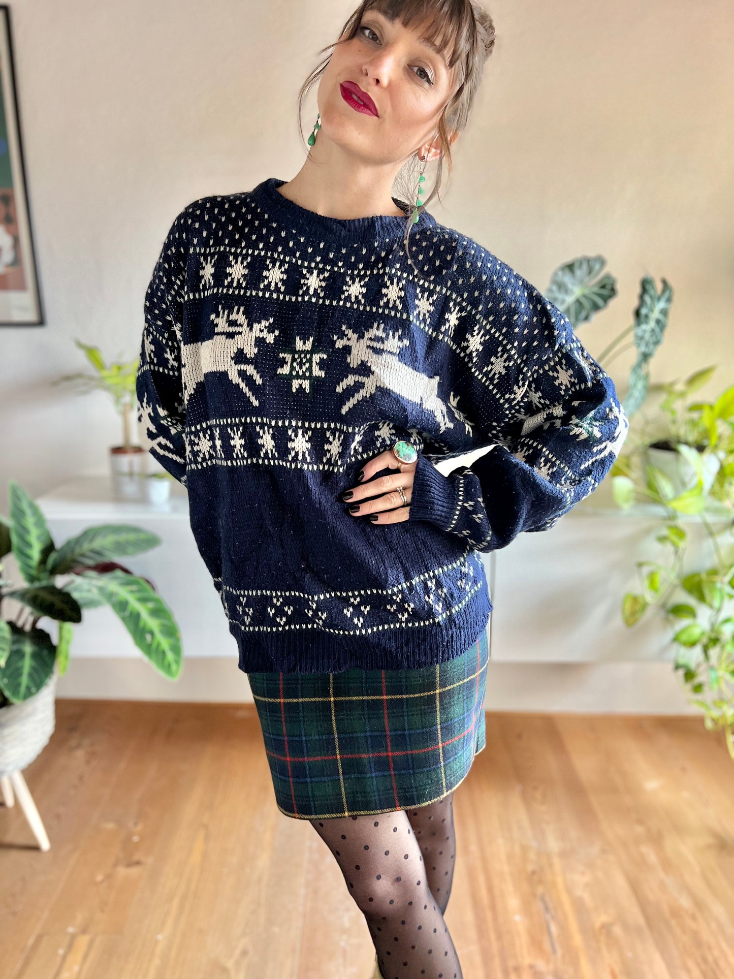 1990's vintage unisex navy and cream reindeer knit wool pullover