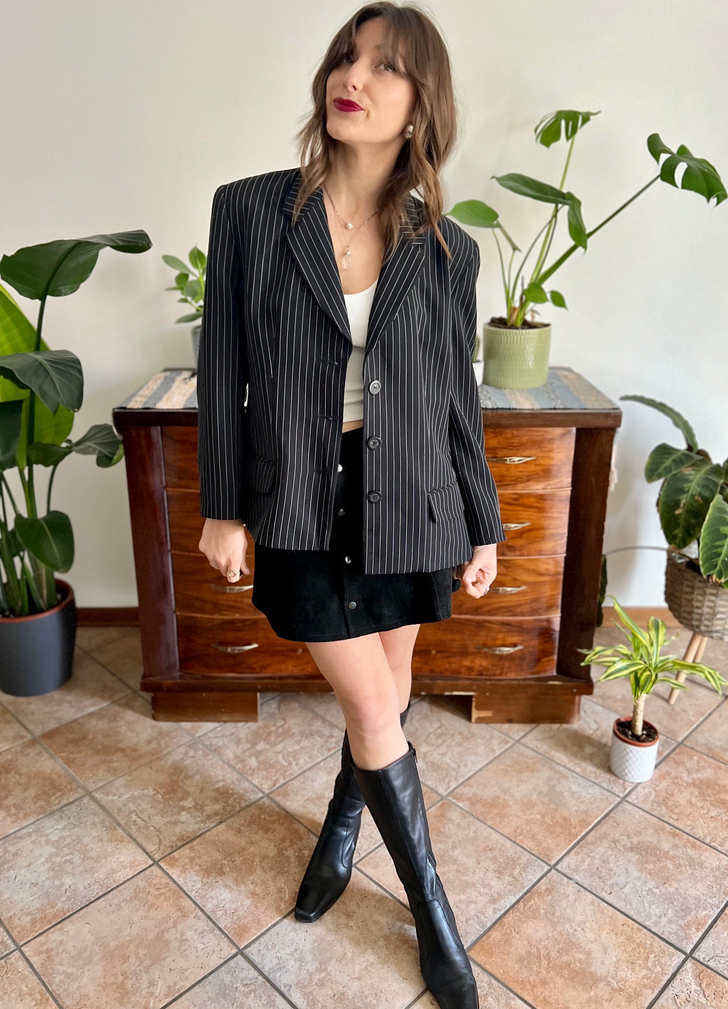 1990's vintage oversize black blazer with white pinstriping