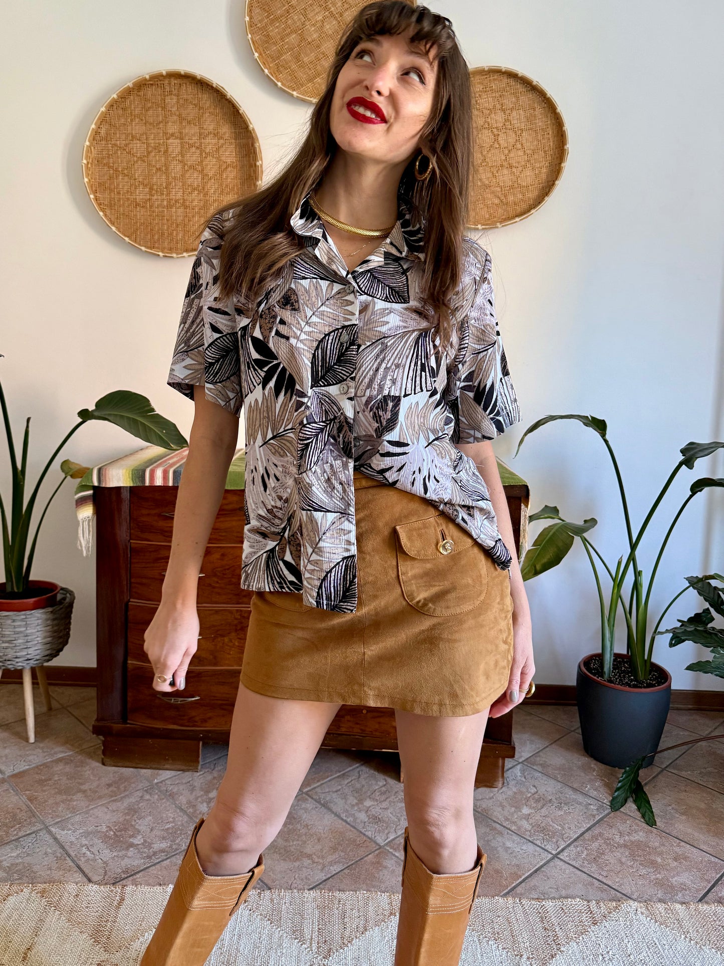 1990's vintage black, and and grey botanical print textured blouse