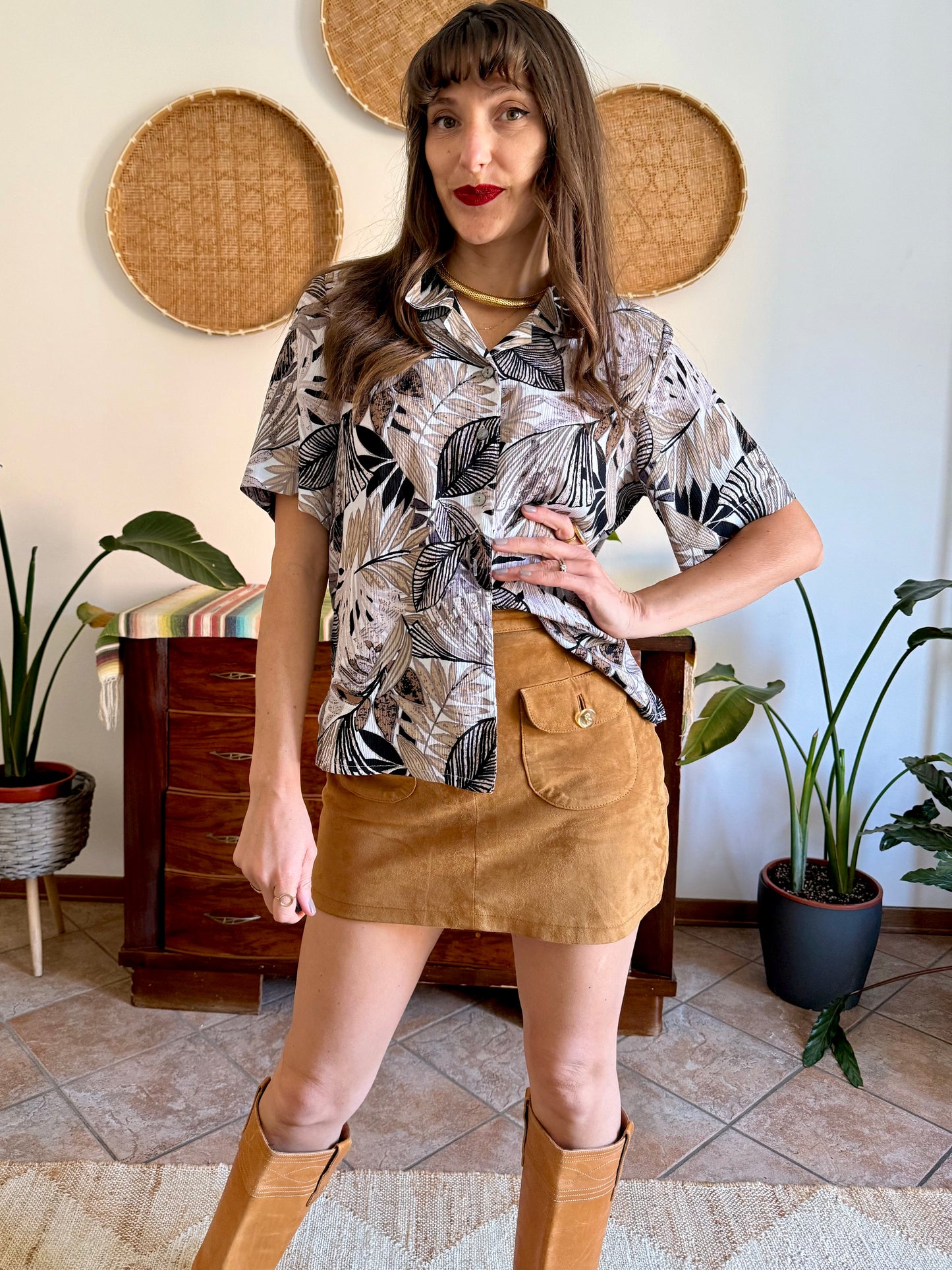 1990's vintage black, and and grey botanical print textured blouse