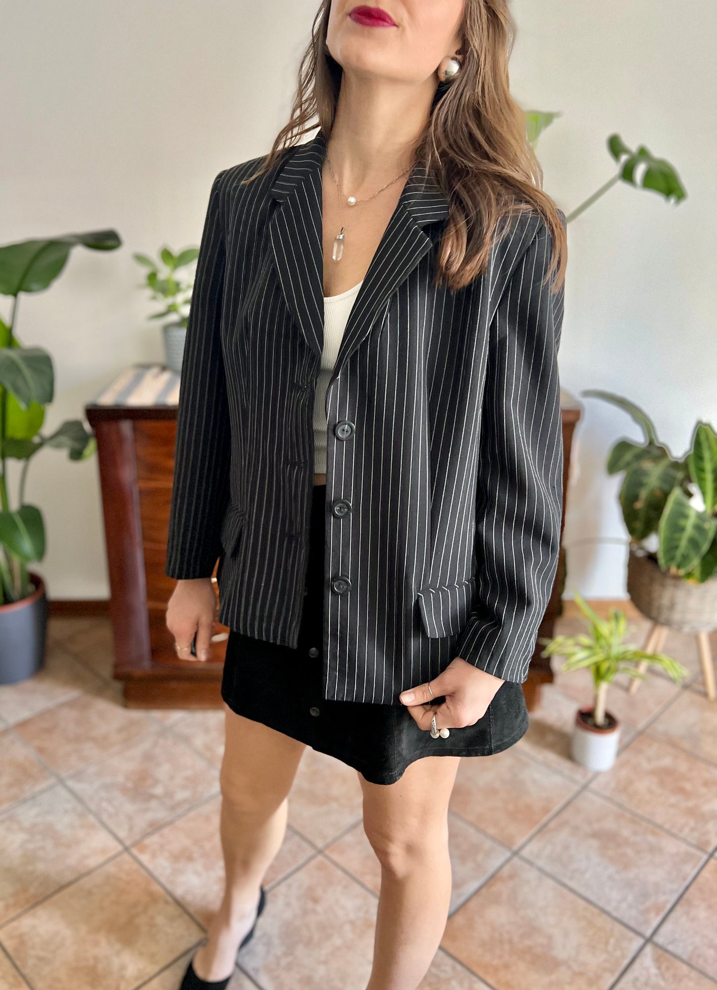 1990's vintage oversize black blazer with white pinstriping