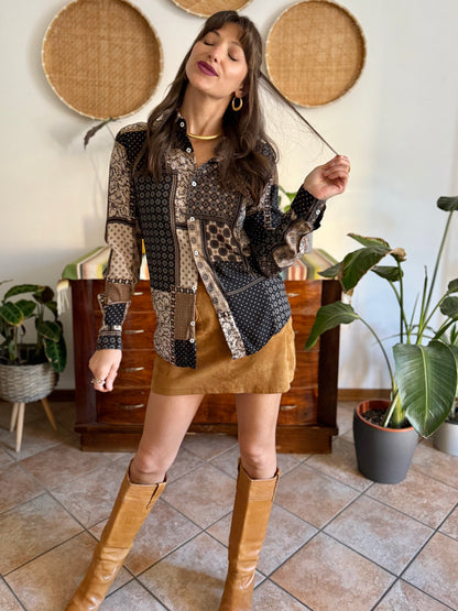 1990's vintage brown, black and grey patchwork floral and geometric print blouse