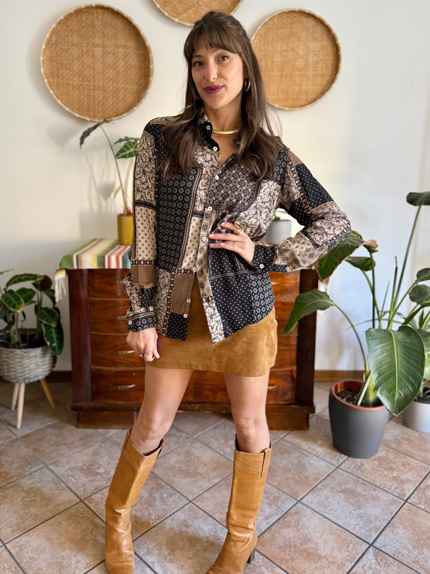 1990's vintage brown, black and grey patchwork floral and geometric print blouse