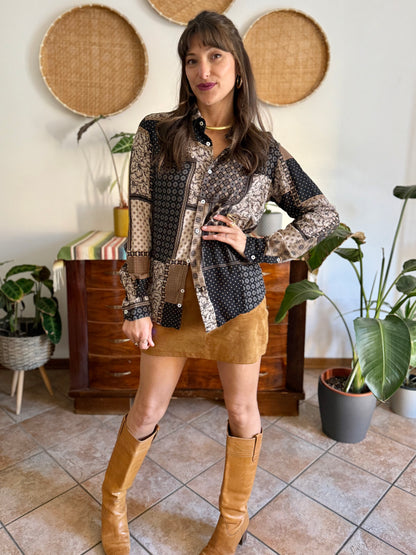 1990's vintage brown, black and grey patchwork floral and geometric print blouse