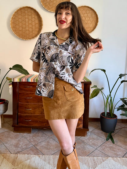 1990's vintage black, and and grey botanical print textured blouse