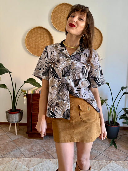 1990's vintage black, and and grey botanical print textured blouse