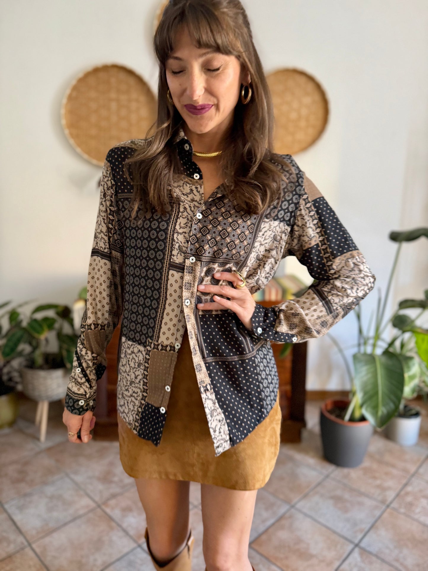 1990's vintage brown, black and grey patchwork floral and geometric print blouse