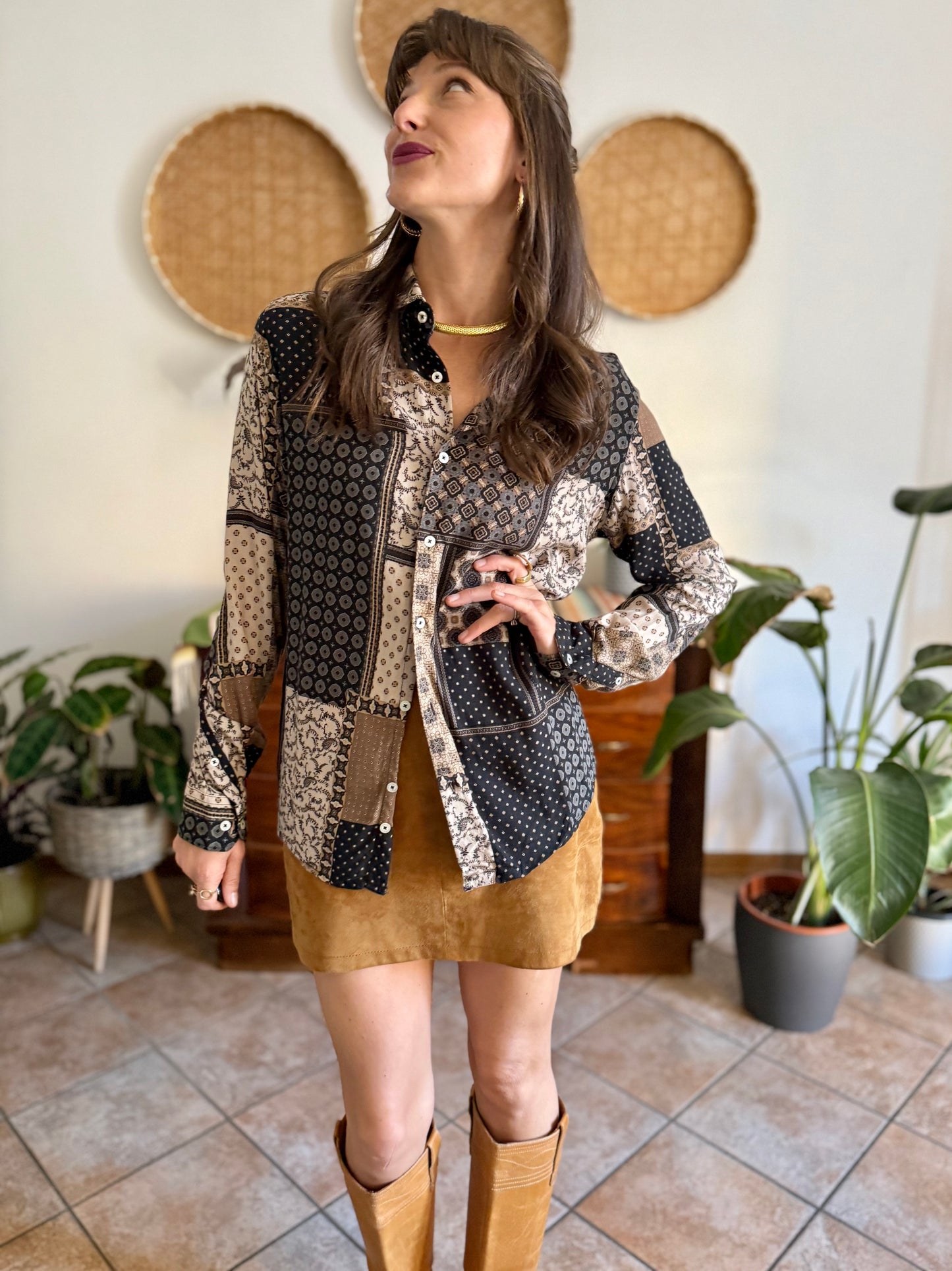 1990's vintage brown, black and grey patchwork floral and geometric print blouse