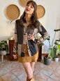 1990's vintage brown, black and grey patchwork floral and geometric print blouse