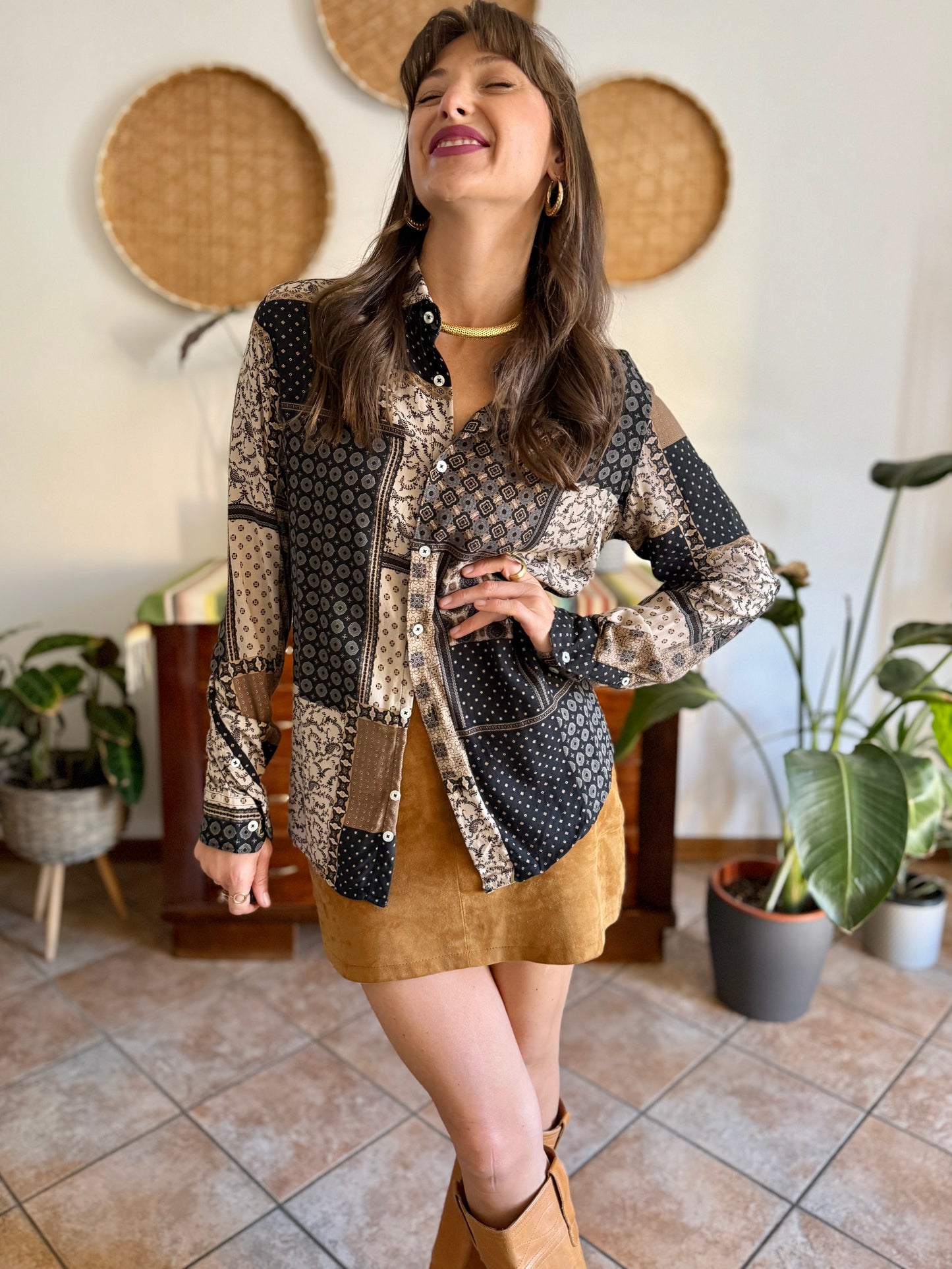 1990's vintage brown, black and grey patchwork floral and geometric print blouse