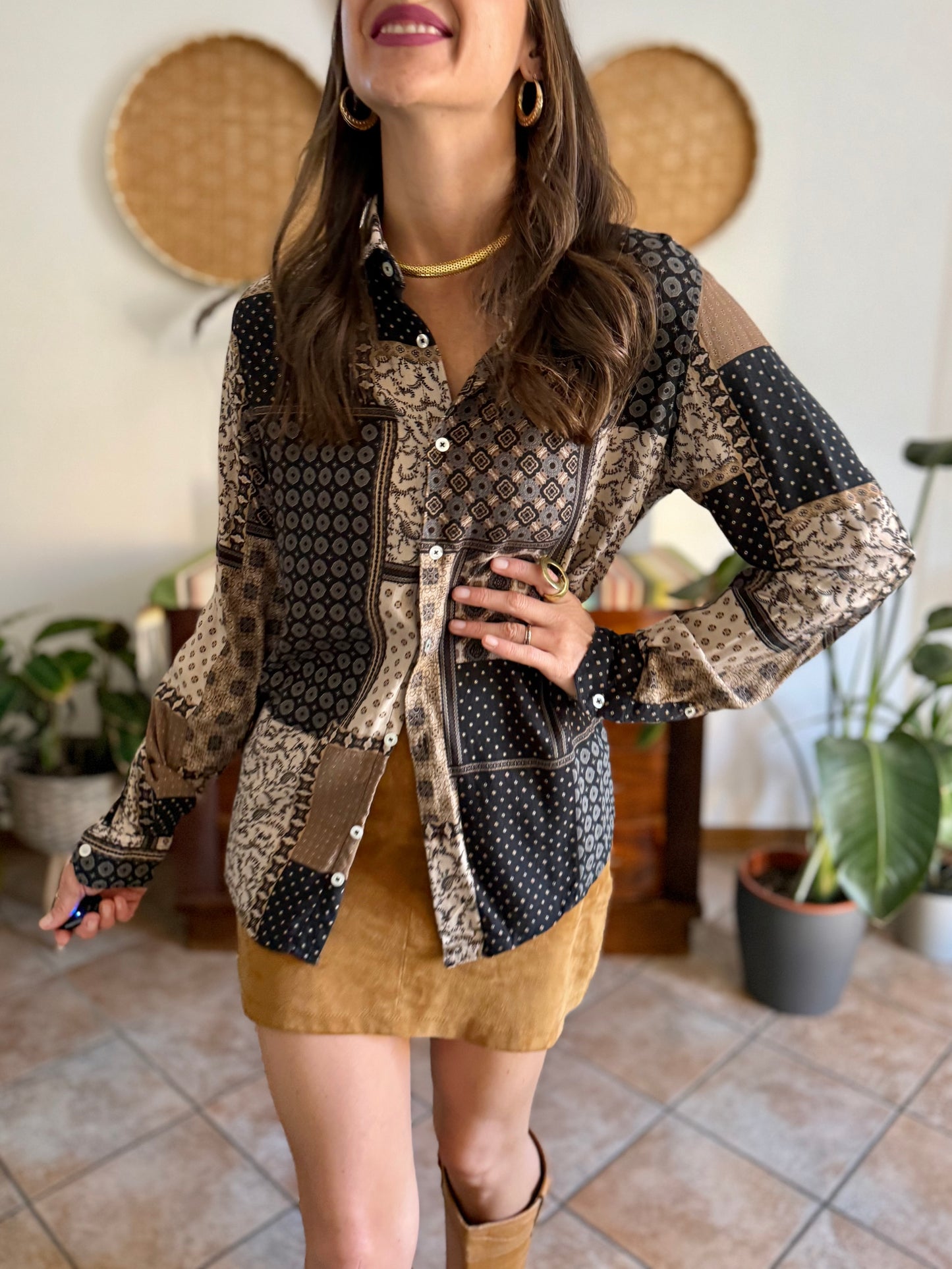 1990's vintage brown, black and grey patchwork floral and geometric print blouse