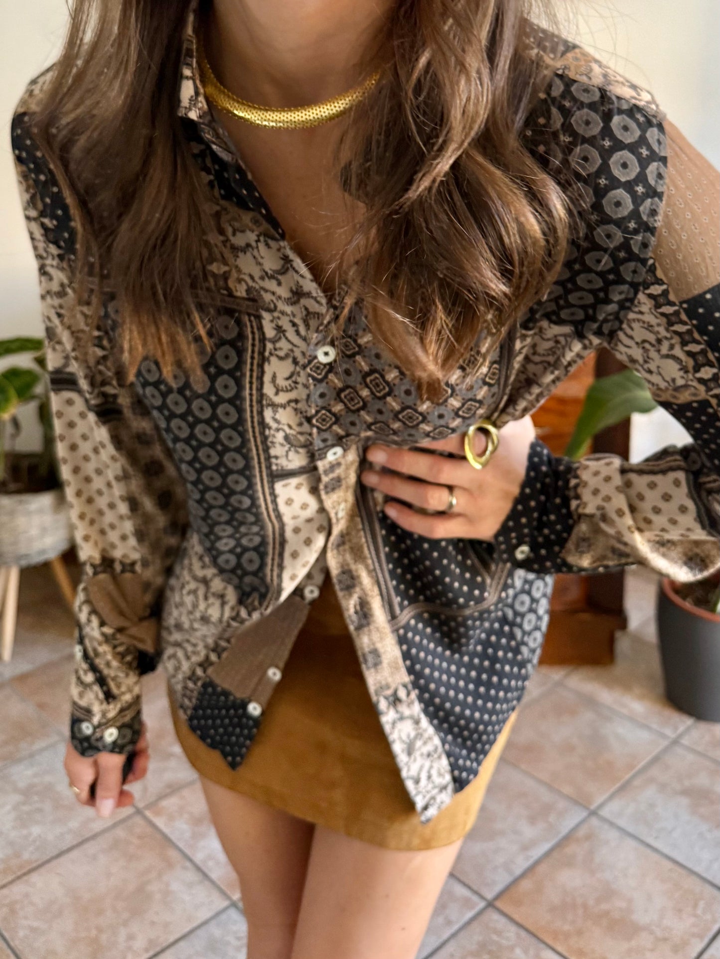 1990's vintage brown, black and grey patchwork floral and geometric print blouse