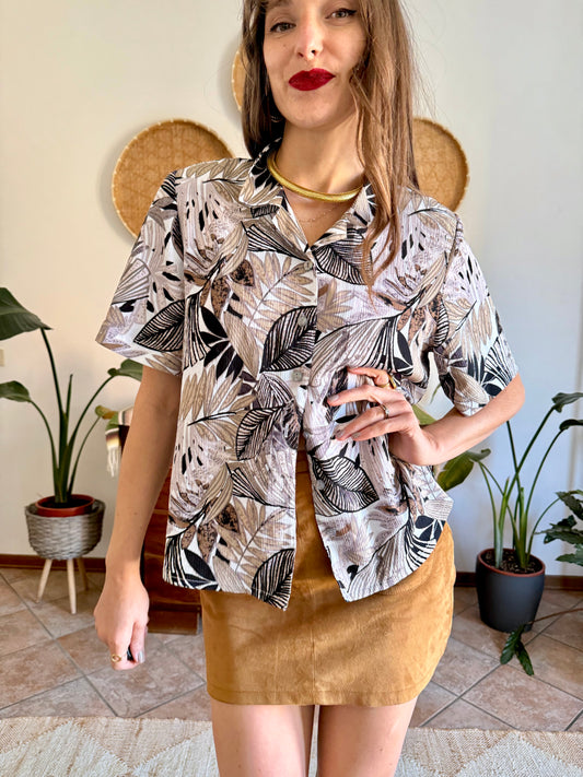 1990's vintage black, and and grey botanical print textured blouse