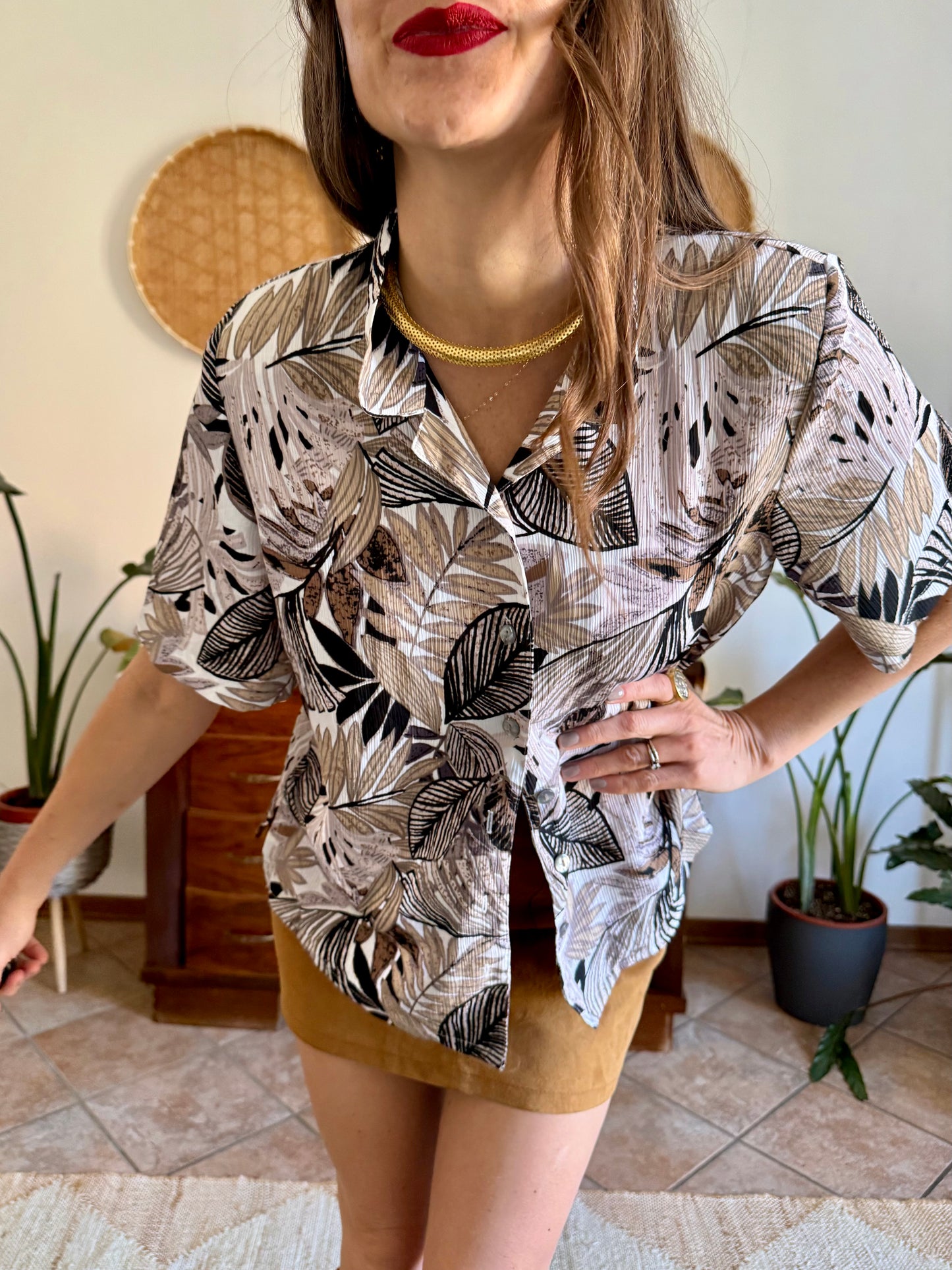 1990's vintage black, and and grey botanical print textured blouse