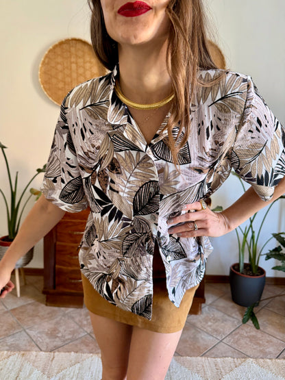 1990's vintage black, and and grey botanical print textured blouse