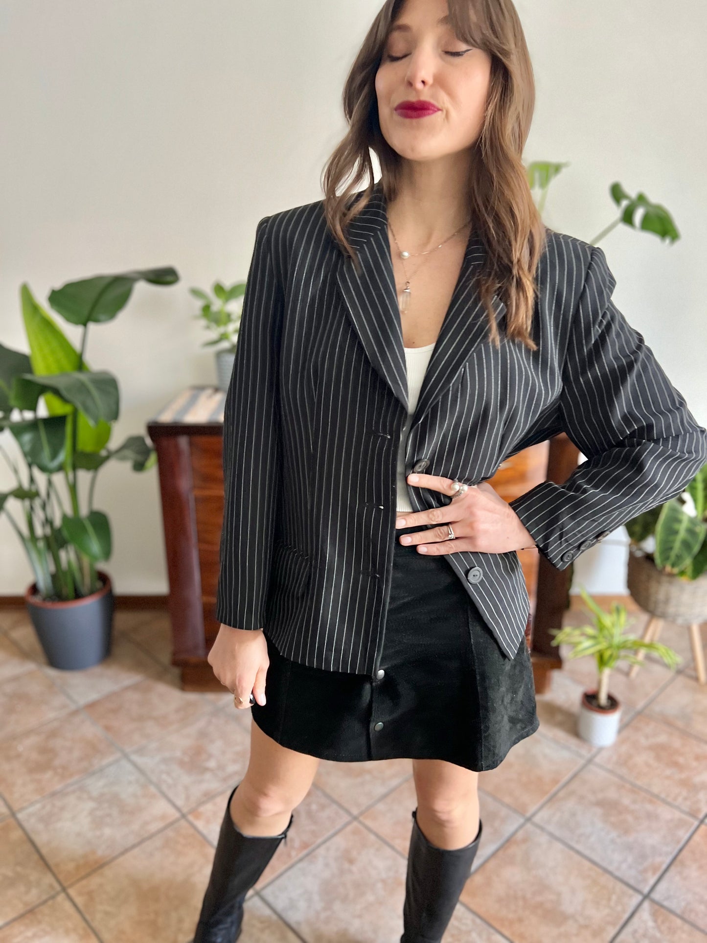 1990's vintage oversize black blazer with white pinstriping