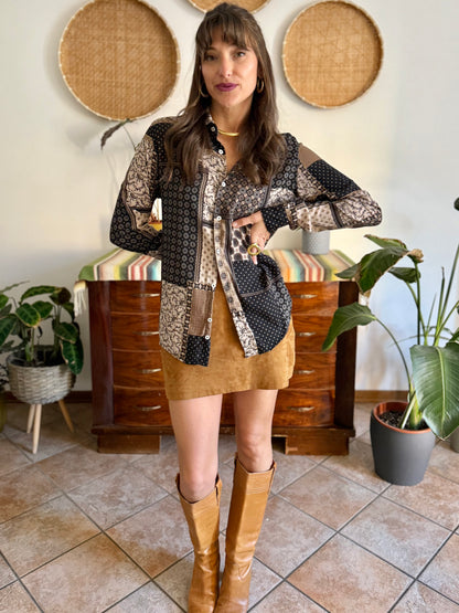 1990's vintage brown, black and grey patchwork floral and geometric print blouse