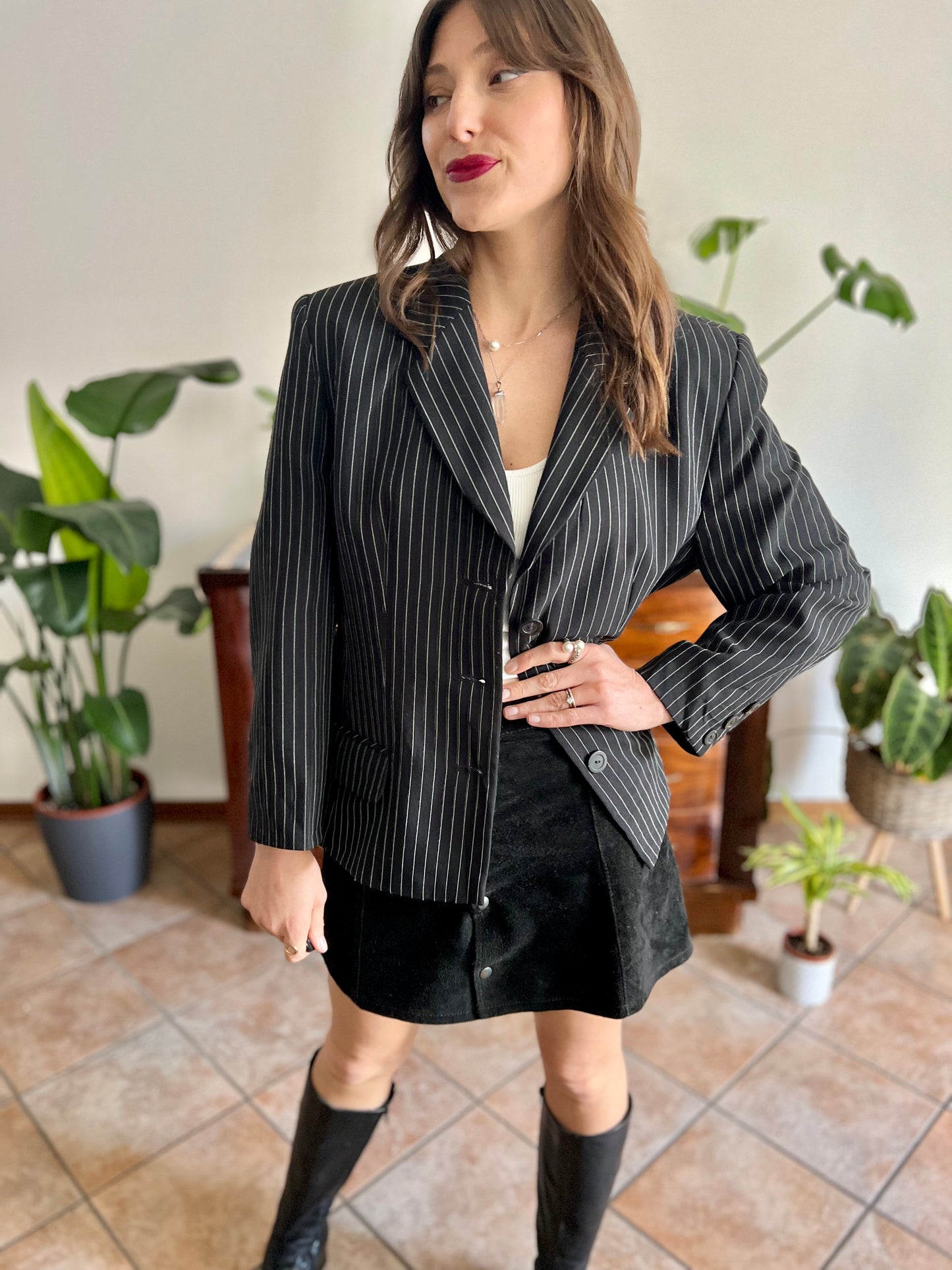1990's vintage oversize black blazer with white pinstriping