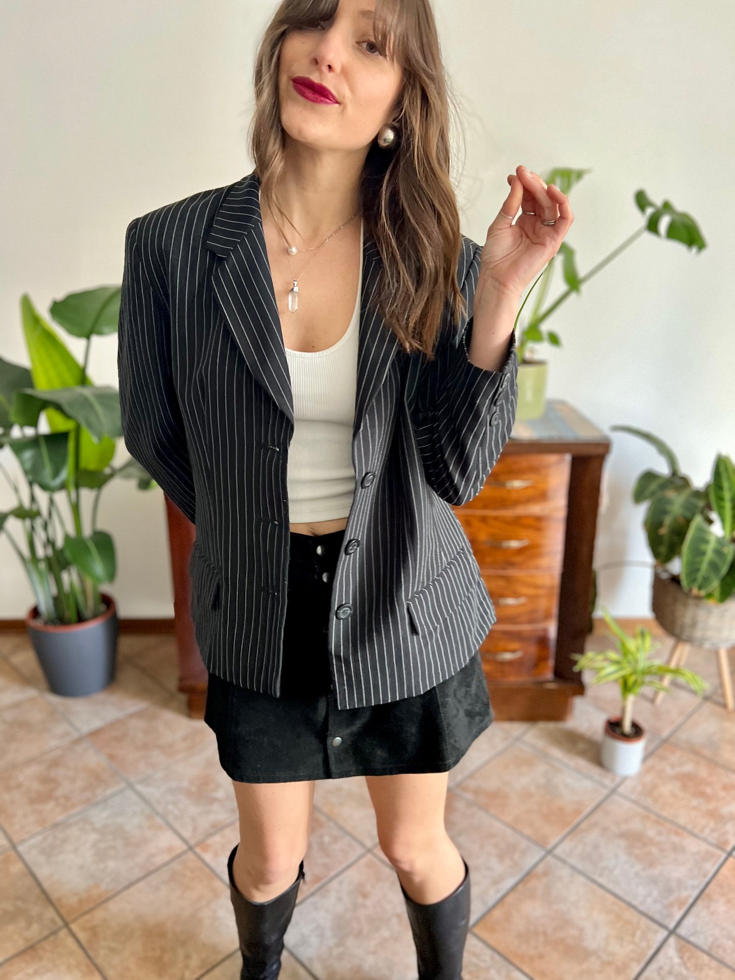 1990's vintage oversize black blazer with white pinstriping