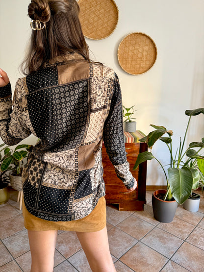 1990's vintage brown, black and grey patchwork floral and geometric print blouse