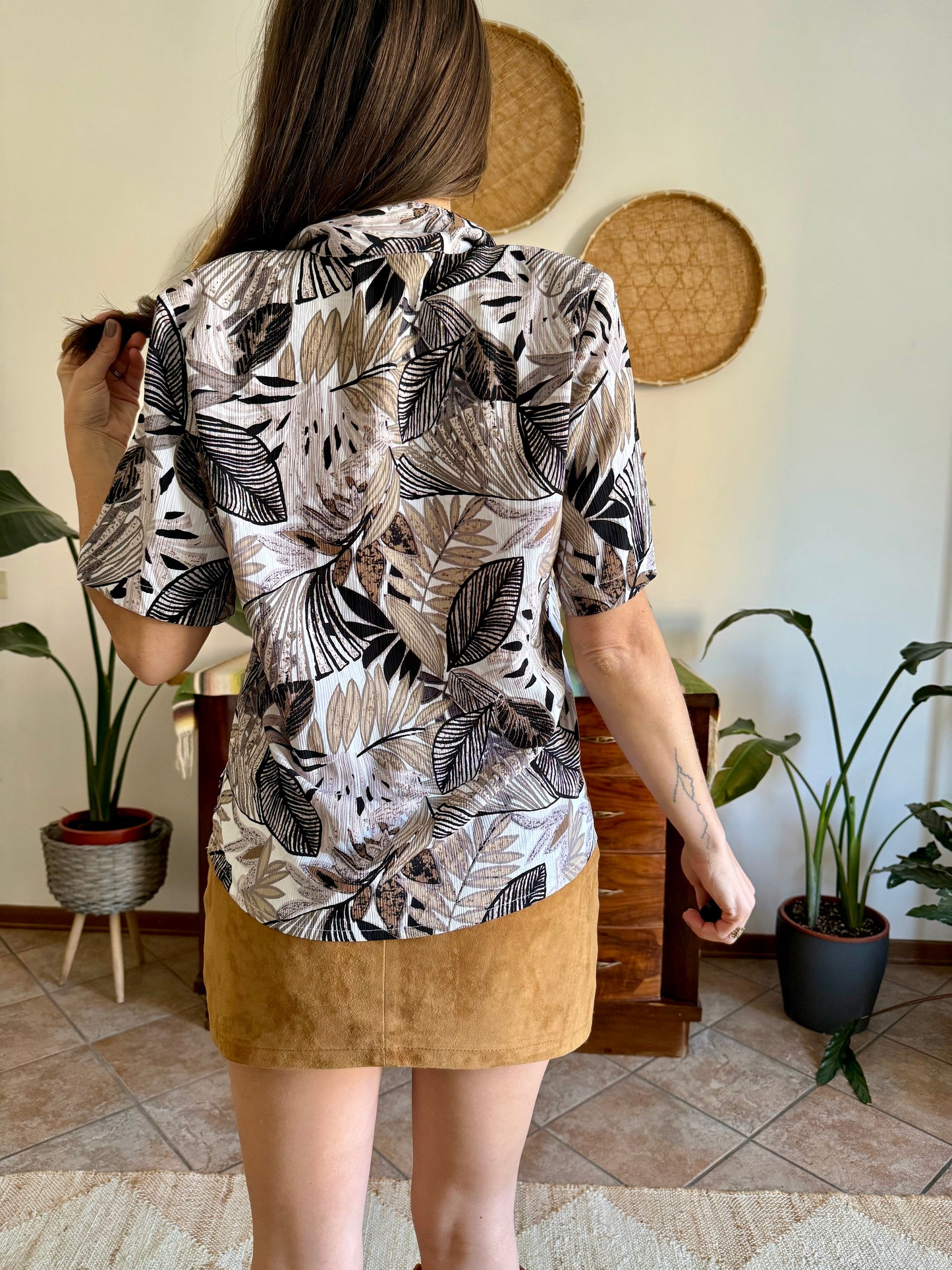 1990's vintage black, and and grey botanical print textured blouse