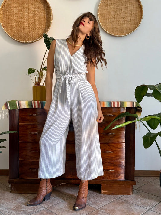 Texture white with grey pinstripe jump suit with tie waist