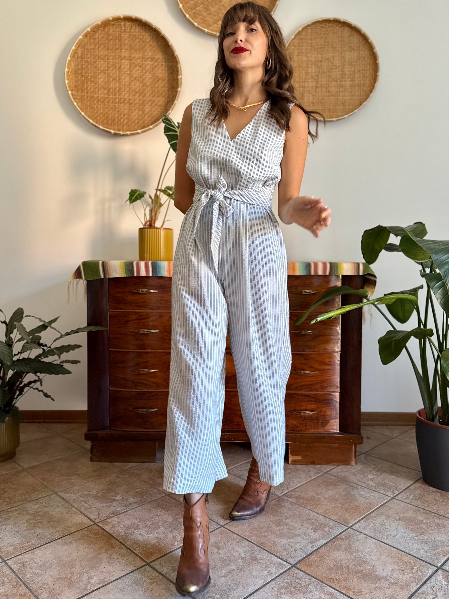 Texture white with grey pinstripe jump suit with tie waist
