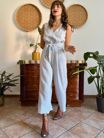 Texture white with grey pinstripe jump suit with tie waist