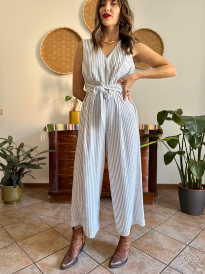 Texture white with grey pinstripe jump suit with tie waist