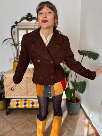 1970's vintage chocolate brown textured wool blazer with oversize buttons