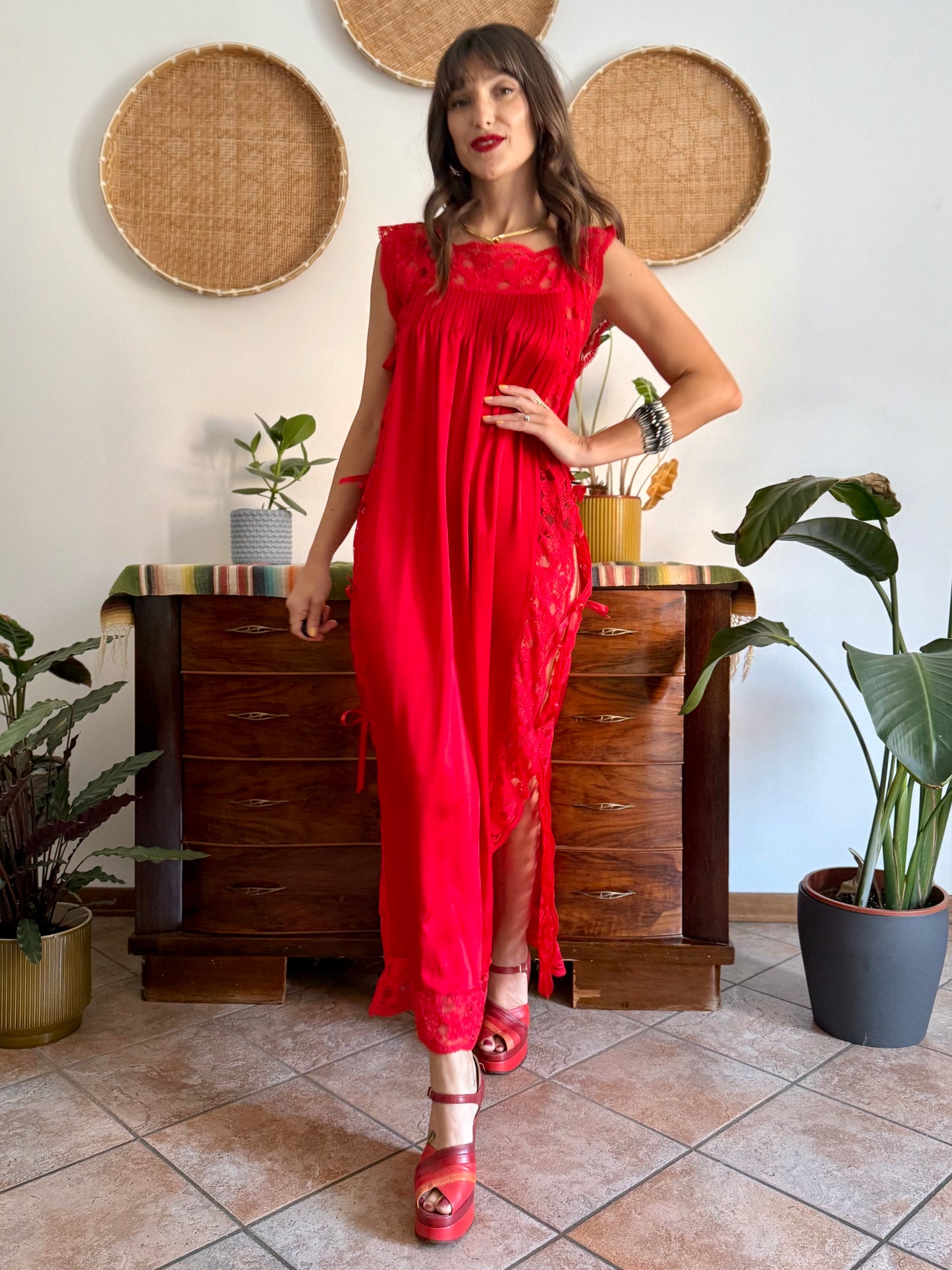 1970's vintage cherry red silk and lace maxi slip dress with tie details