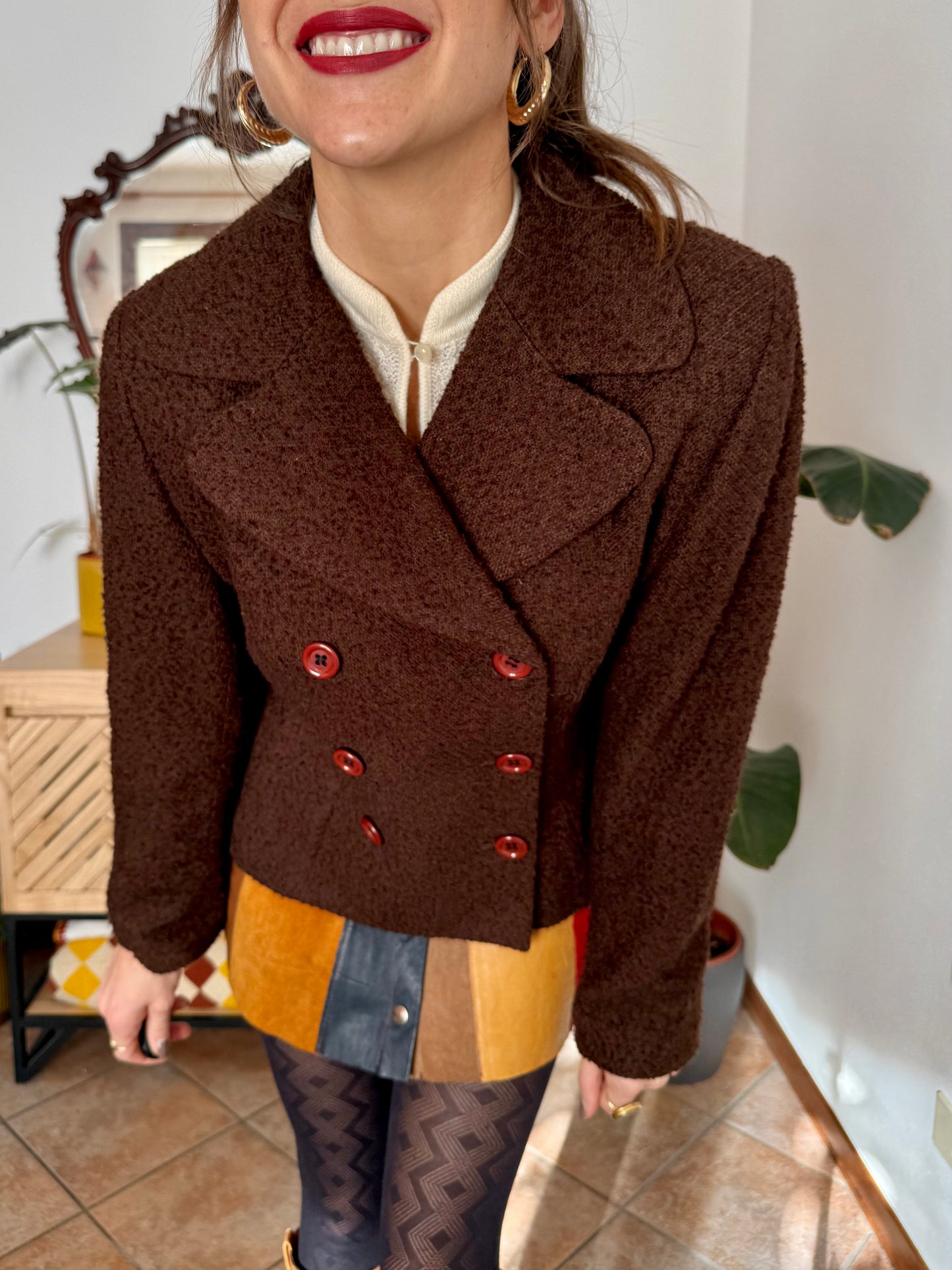 1970's vintage chocolate brown textured wool blazer with oversize buttons