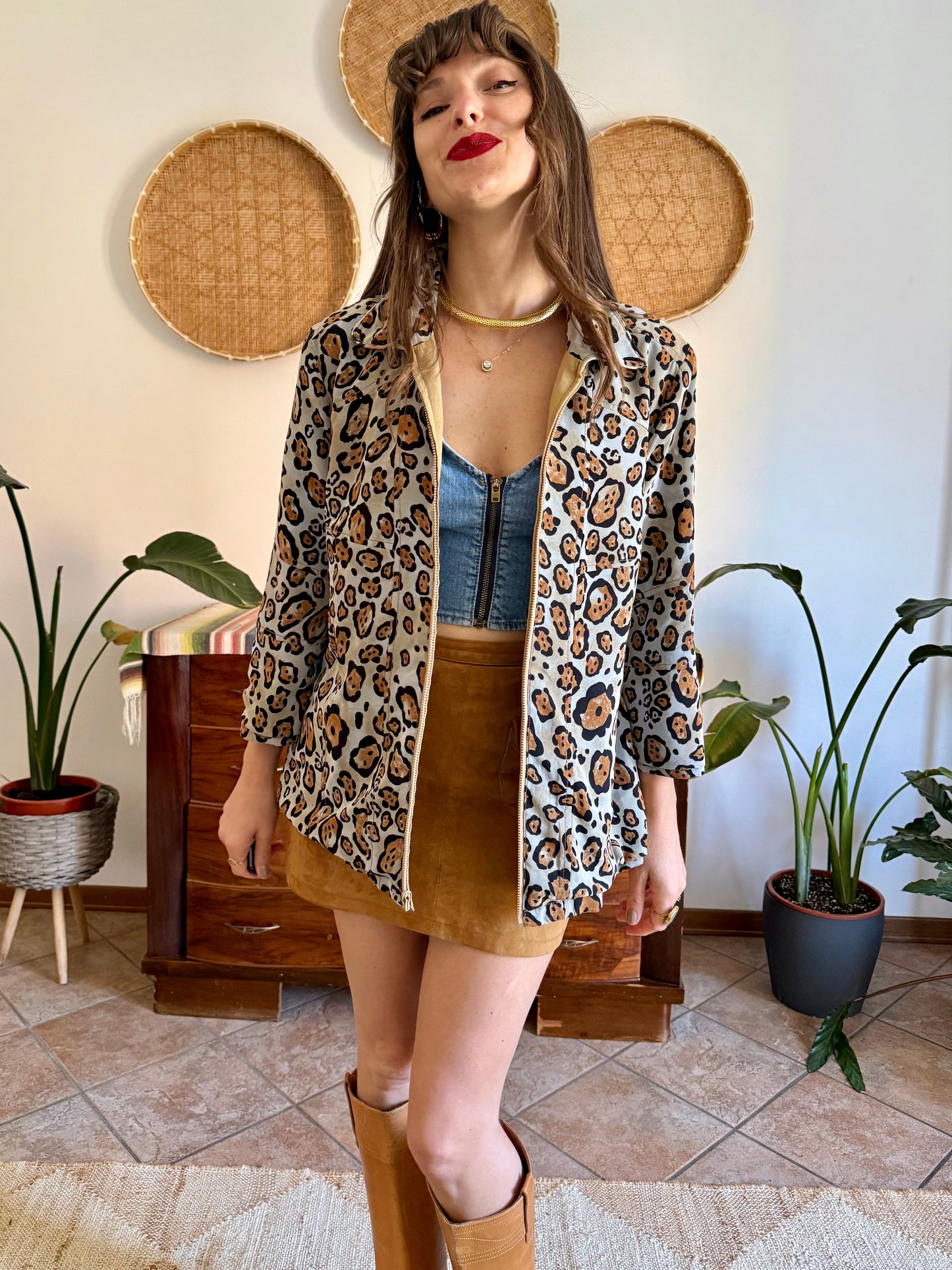 1970's vintage khaki and leopard print reversible jacket