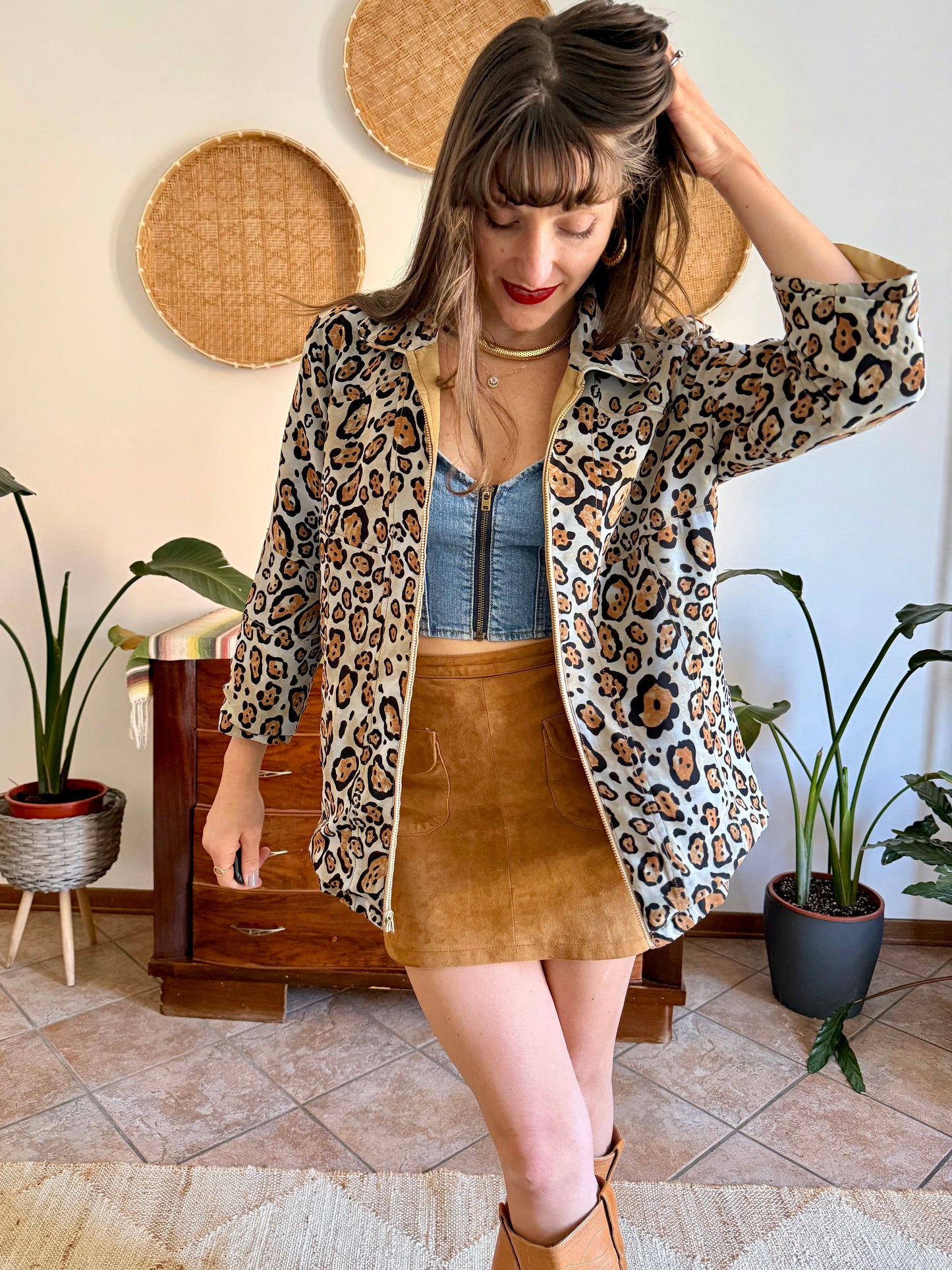 1970's vintage khaki and leopard print reversible jacket