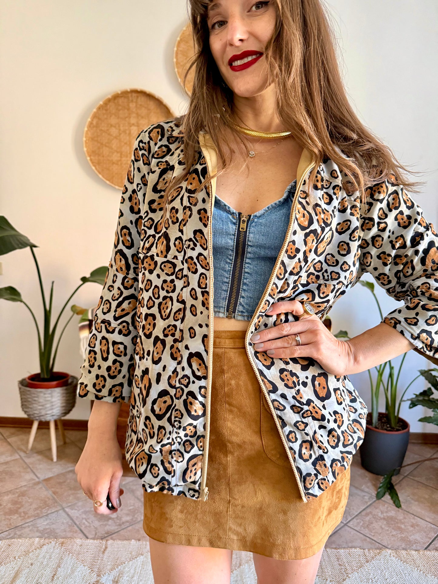1970's vintage khaki and leopard print reversible jacket