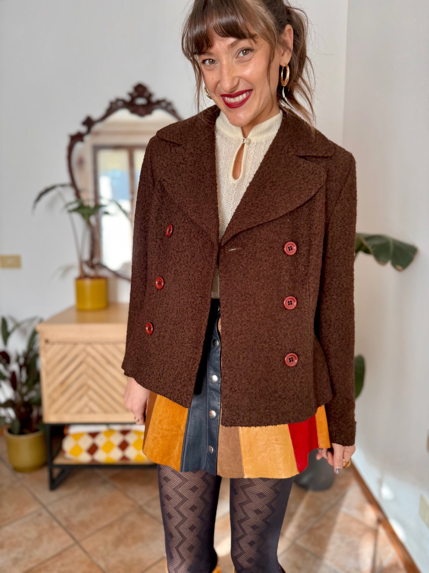 1970's vintage chocolate brown textured wool blazer with oversize buttons