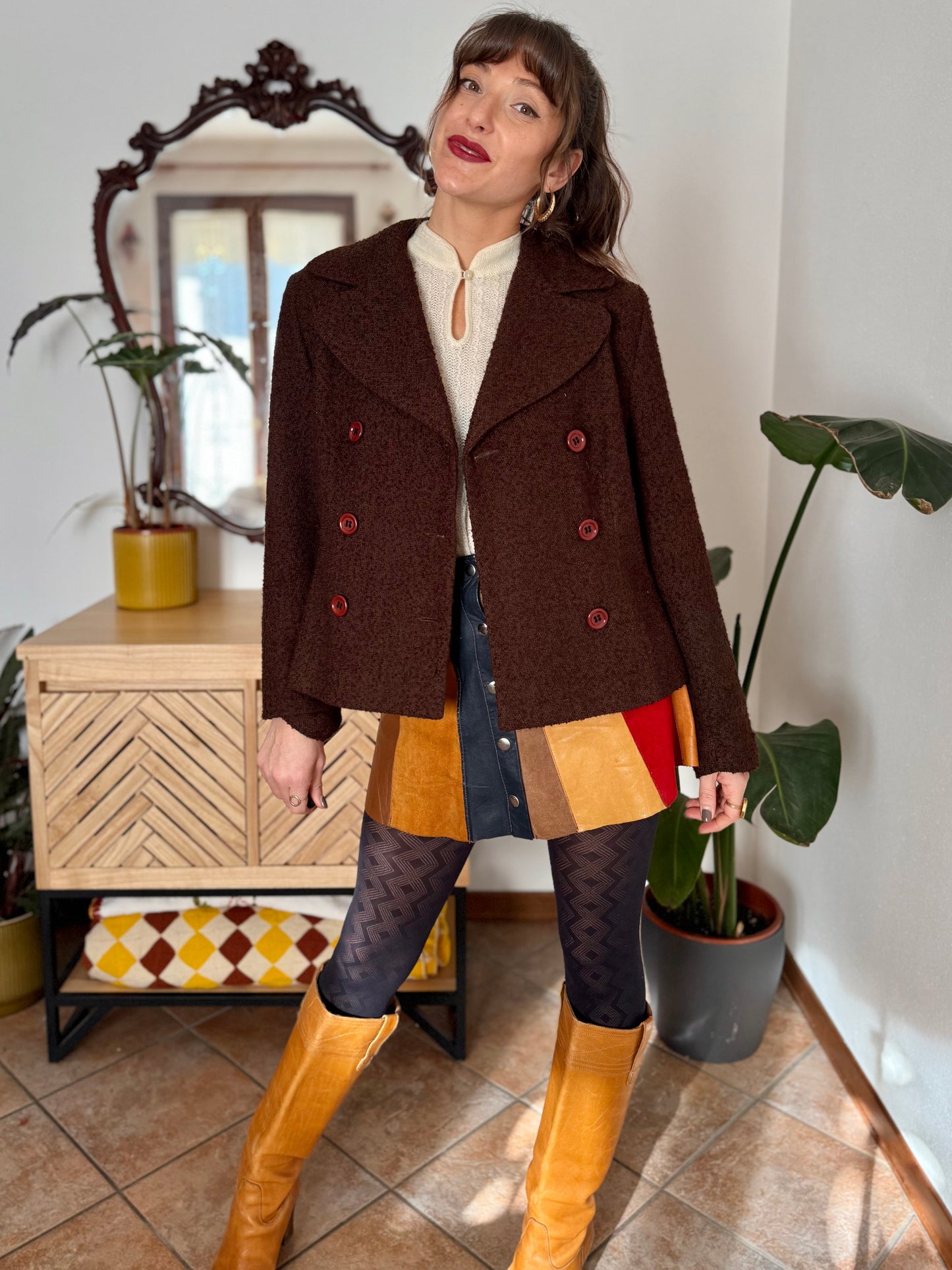 1970's vintage chocolate brown textured wool blazer with oversize buttons