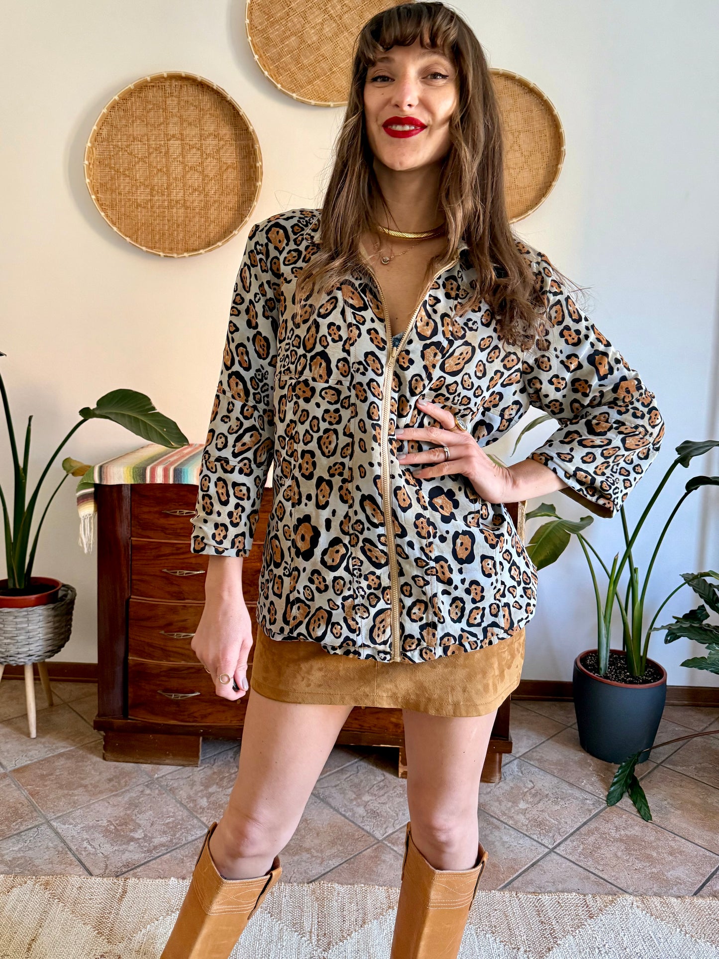 1970's vintage khaki and leopard print reversible jacket