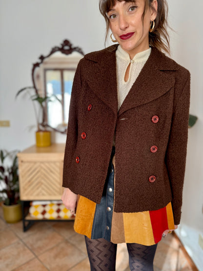 1970's vintage chocolate brown textured wool blazer with oversize buttons