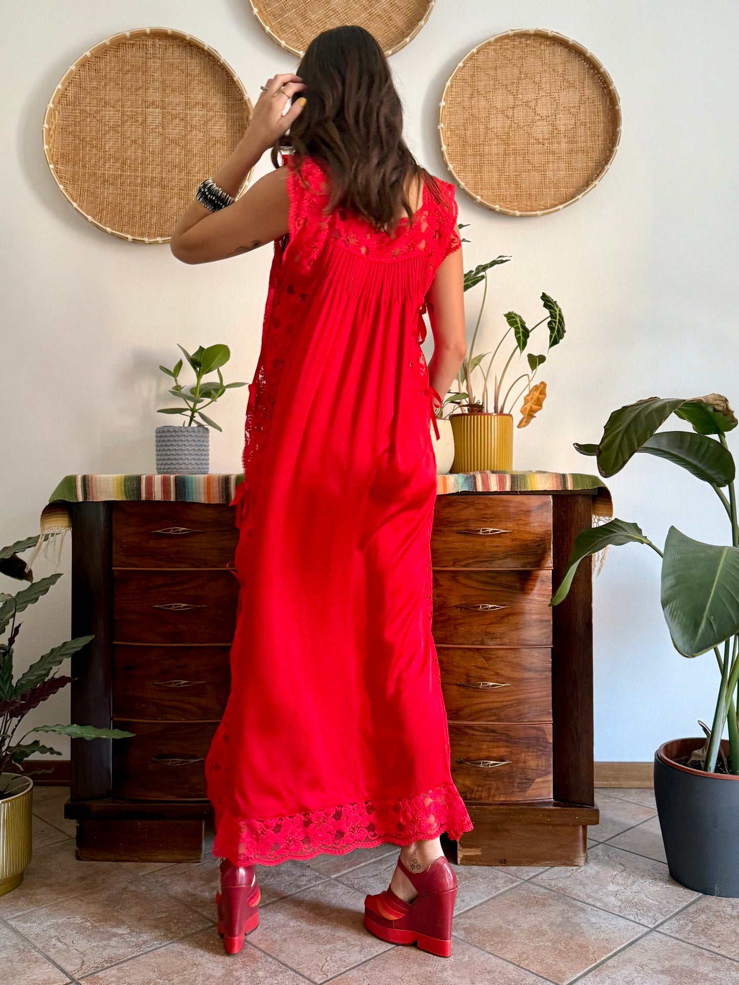 1970's vintage cherry red silk and lace maxi slip dress with tie details