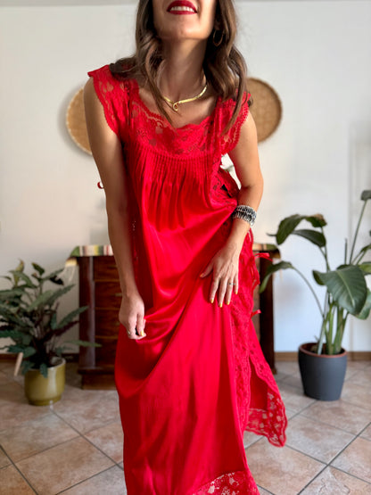 1970's vintage cherry red silk and lace maxi slip dress with tie details